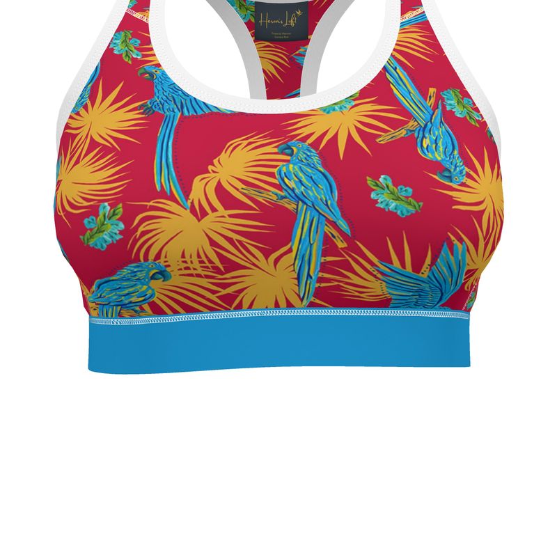 Tropical Macaw Samba Red Women's Low Impact Sports Bra — White Trim