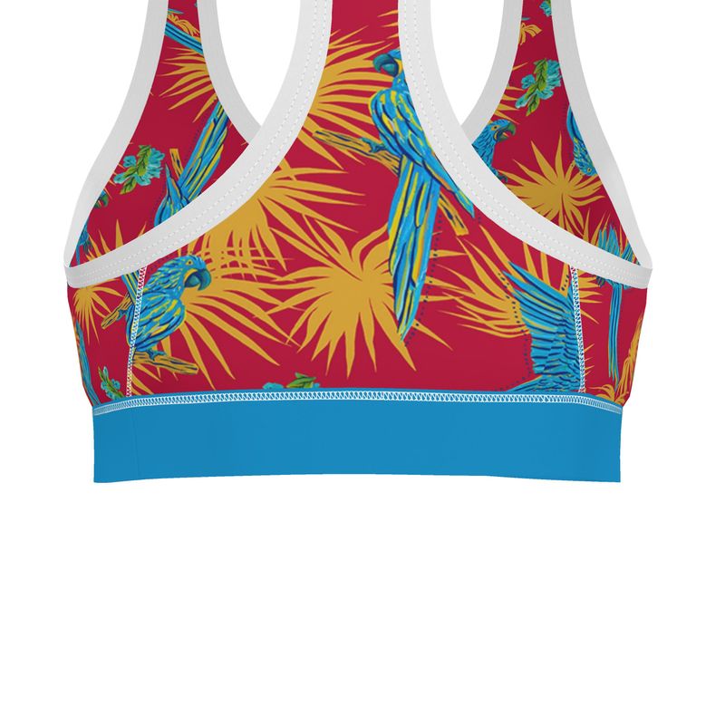 Tropical Macaw Samba Red Women's Low Impact Sports Bra — White Trim