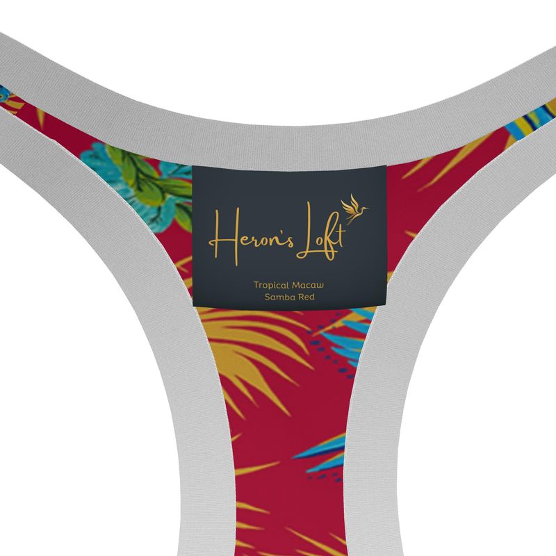 Tropical Macaw Samba Red Women's Low Impact Sports Bra — White Trim