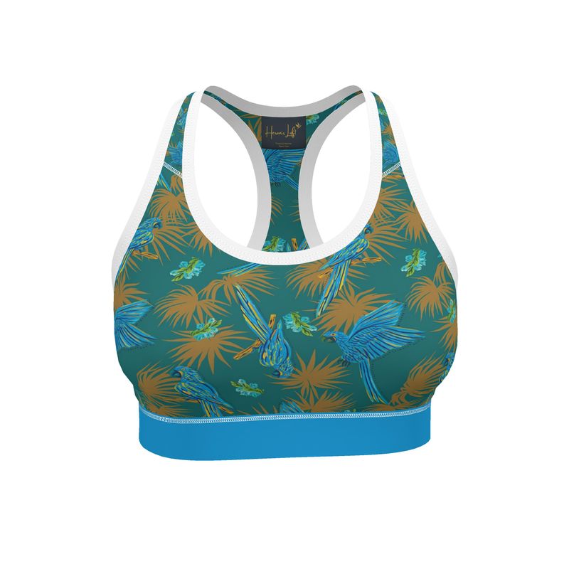 Tropical Macaw Palm Teal Women's Low Impact Sports Bra — White Trim