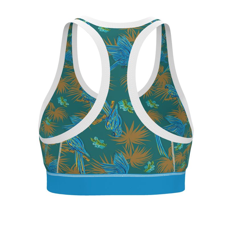 Tropical Macaw Palm Teal Women's Low Impact Sports Bra — White Trim
