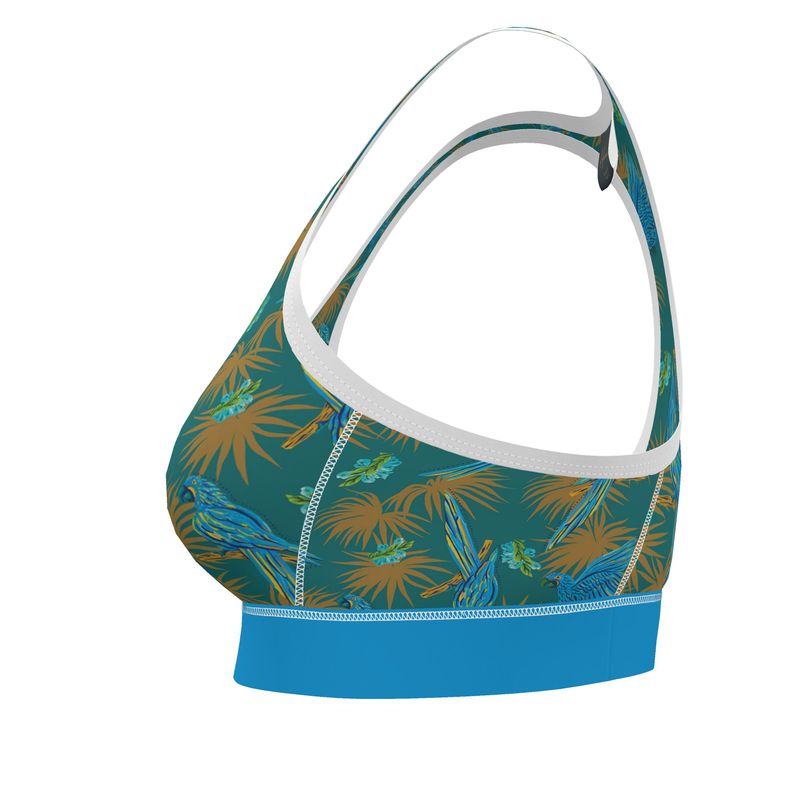 Tropical Macaw Palm Teal Women's Low Impact Sports Bra — White Trim