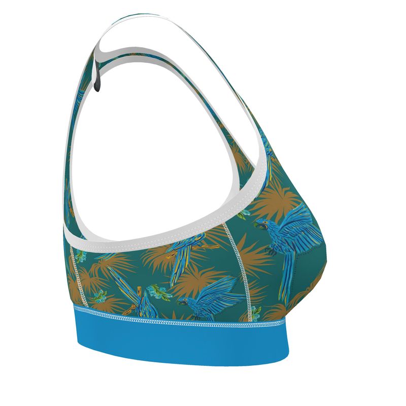 Tropical Macaw Palm Teal Women's Low Impact Sports Bra — White Trim