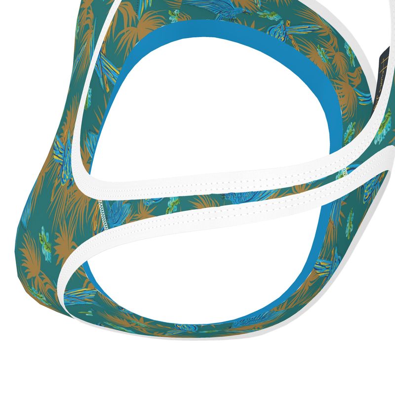Tropical Macaw Palm Teal Women's Low Impact Sports Bra — White Trim
