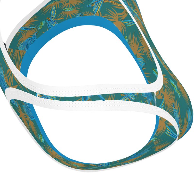 Tropical Macaw Palm Teal Women's Low Impact Sports Bra — White Trim