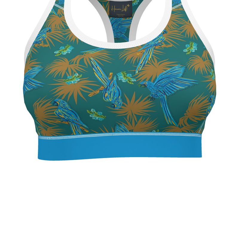 Tropical Macaw Palm Teal Women's Low Impact Sports Bra — White Trim