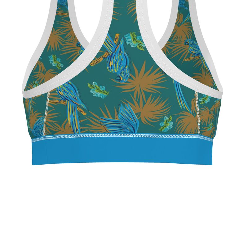 Tropical Macaw Palm Teal Women's Low Impact Sports Bra — White Trim