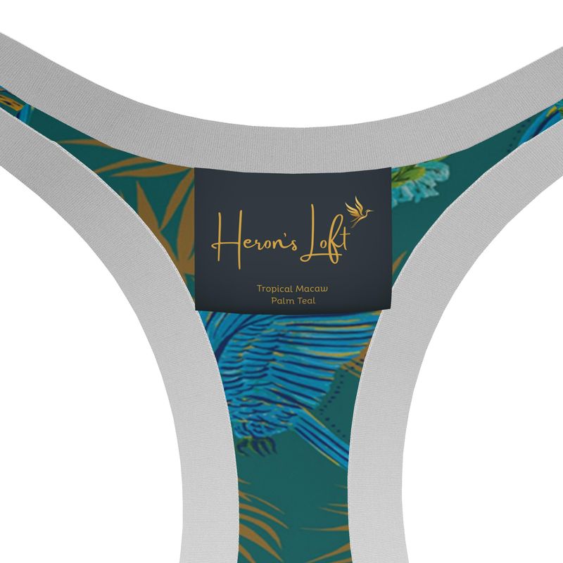 Tropical Macaw Palm Teal Women's Low Impact Sports Bra — White Trim
