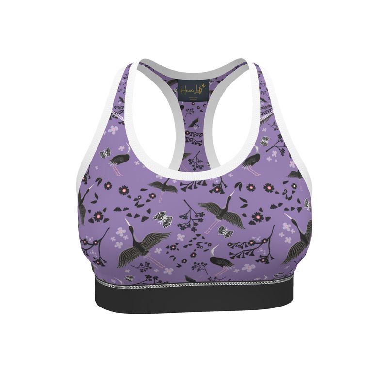 White Crane Amethyst Women's Low Impact Sports Bra — White Trim