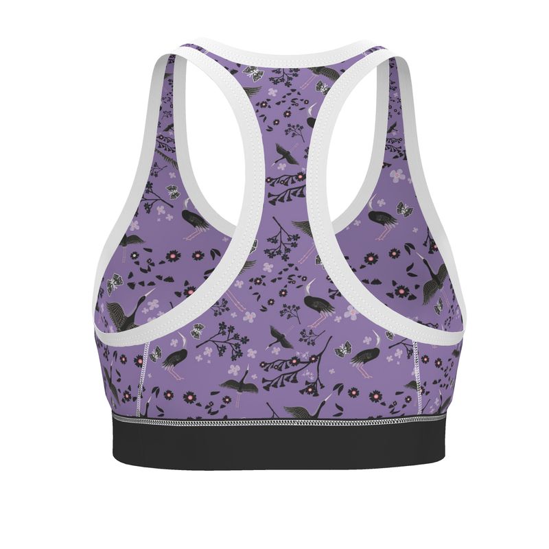 White Crane Amethyst Women's Low Impact Sports Bra — White Trim
