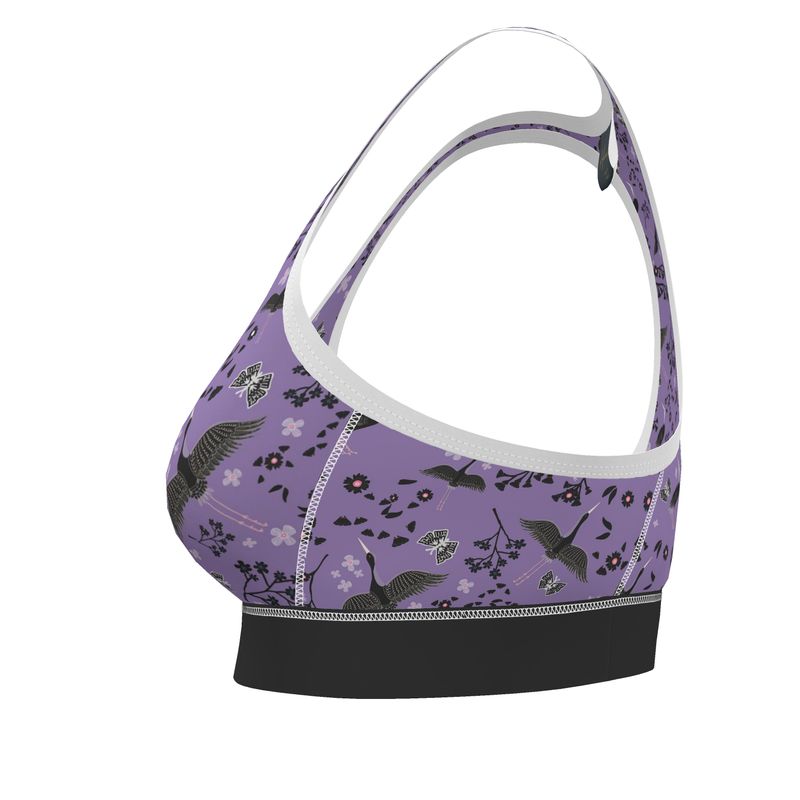 White Crane Amethyst Women's Low Impact Sports Bra — White Trim