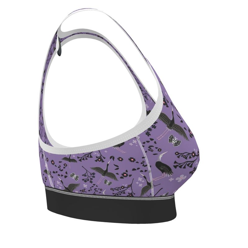 White Crane Amethyst Women's Low Impact Sports Bra — White Trim