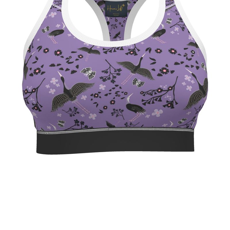 White Crane Amethyst Women's Low Impact Sports Bra — White Trim