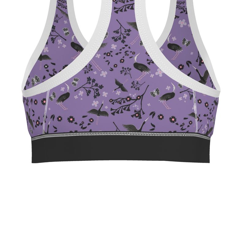 White Crane Amethyst Women's Low Impact Sports Bra — White Trim