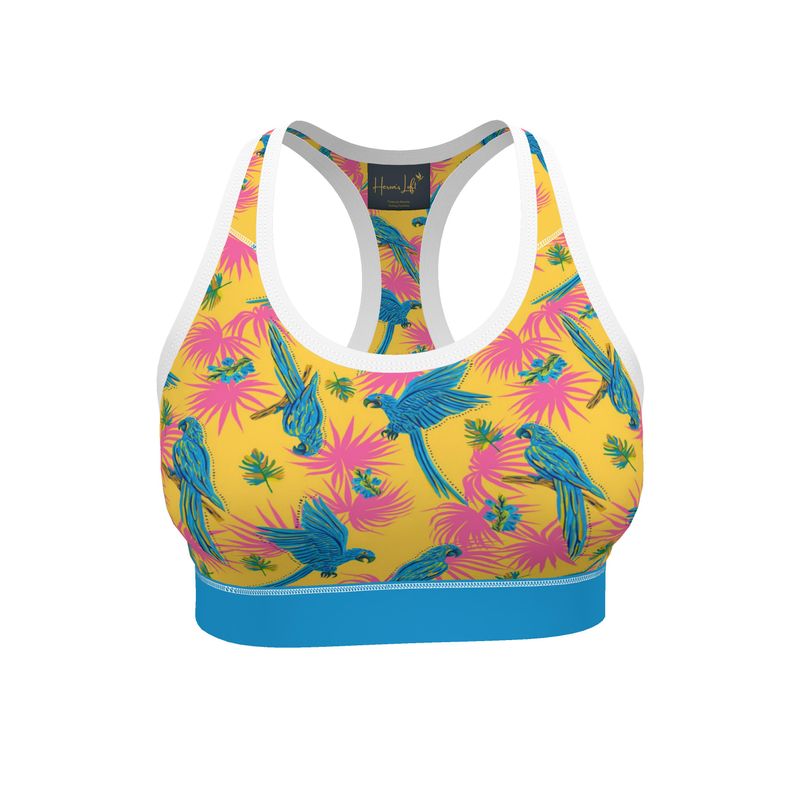 Tropical Macaw Sunny Fuchsia Women's Low Impact Sports Bra — White Trim