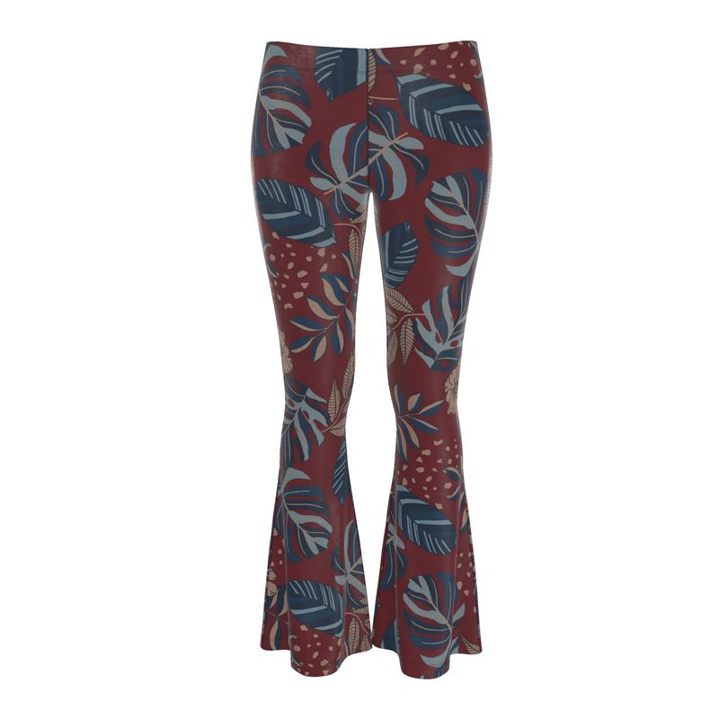 Women's High-Waisted Flared Leggings — Midnight Monstera Ruby Red