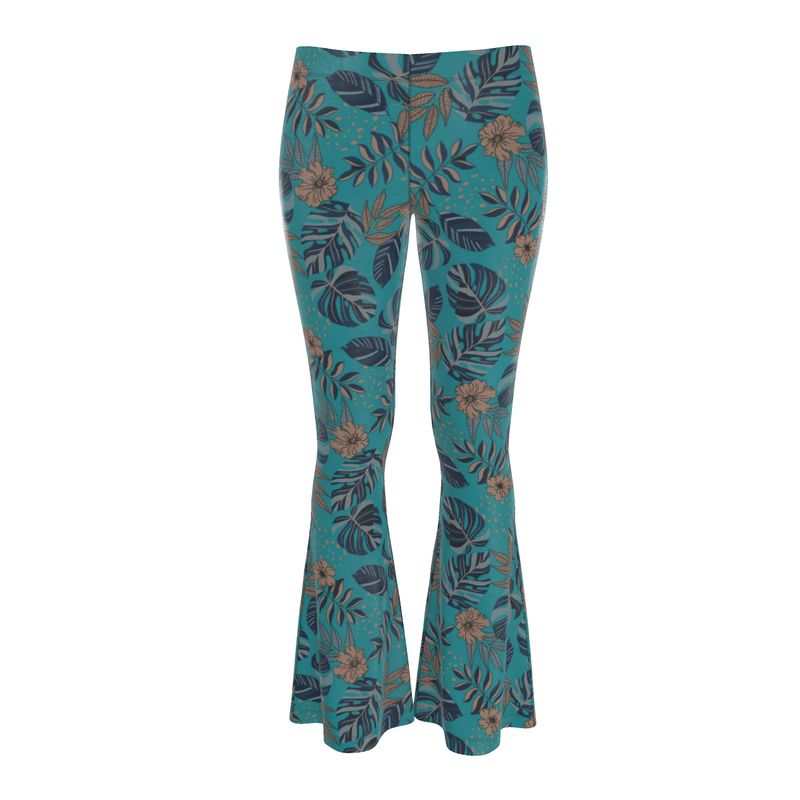Women's High-Waisted Flared Leggings — Midnight Monstera Cyan Noir