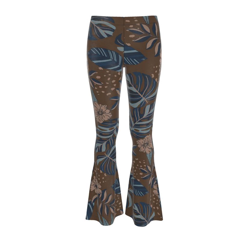 Women's High-Waisted Flared Leggings — Midnight Monstera Roasted Teak