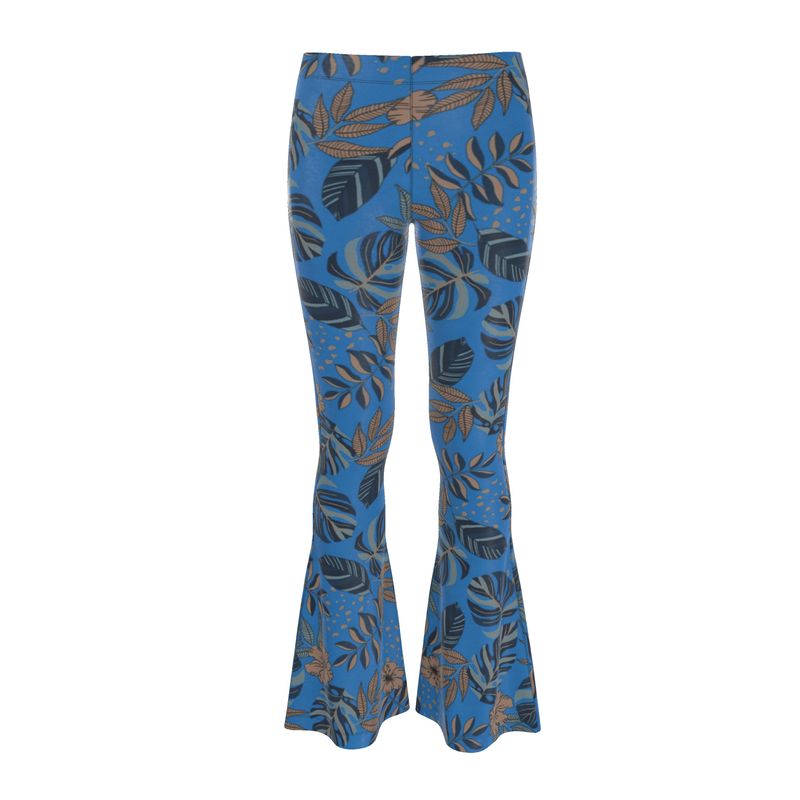 Women's High-Waisted Flared Leggings — Midnight Monstera Azure Blue