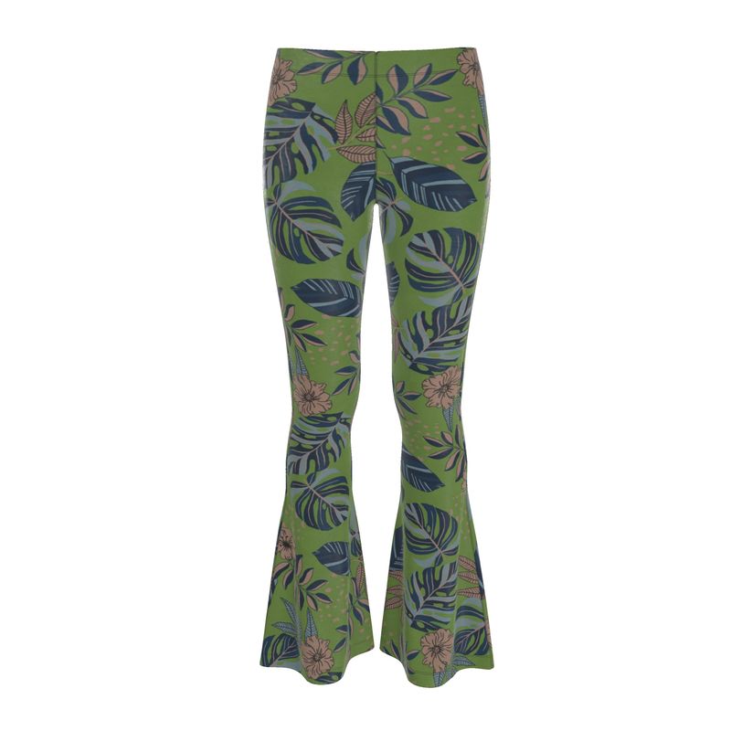 Women's High-Waisted Flared Leggings — Midnight Monstera Olive Velour