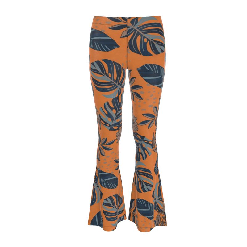 Women's High-Waisted Flared Leggings — Midnight Monstera Cadmium Orange