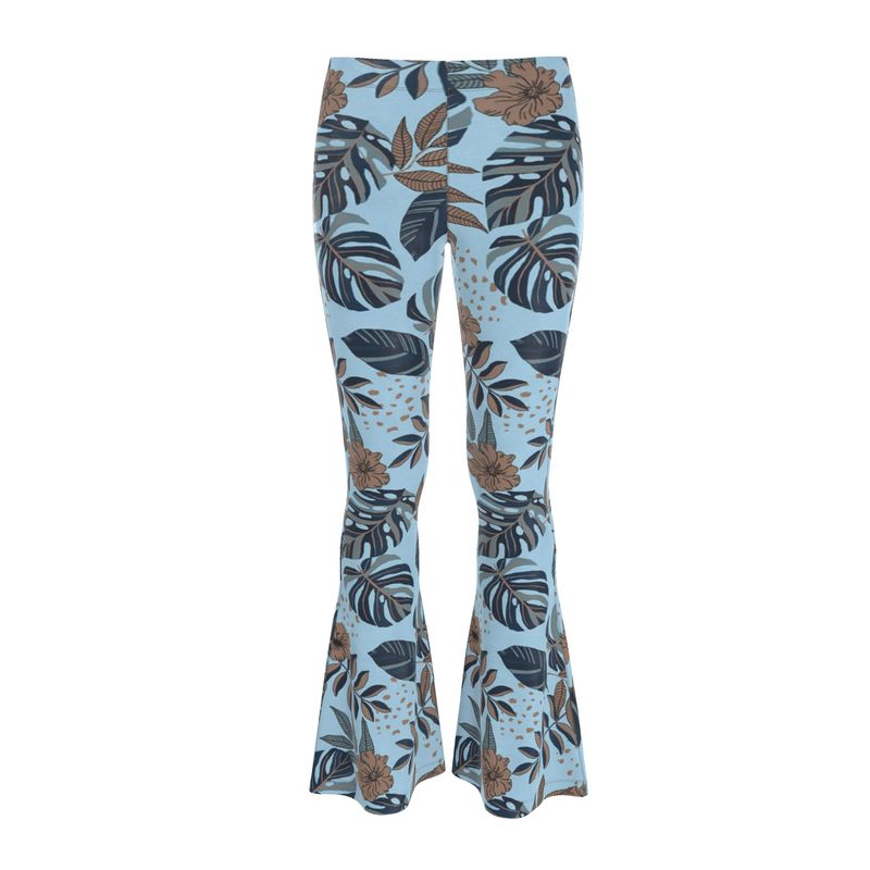Women's High-Waisted Flared Leggings — Midnight Monstera Bluehaven