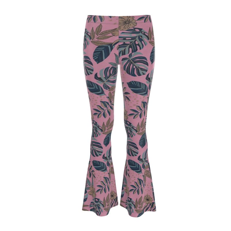 Women's High-Waisted Flared Leggings — Midnight Monstera Lunaria Rose
