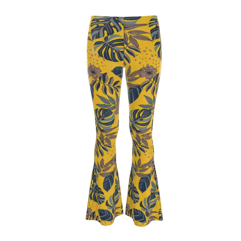 Women's High-Waisted Flared Leggings — Midnight Monstera Honey Gold