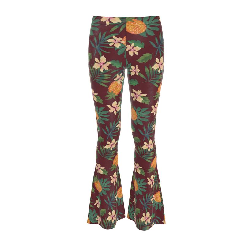 Women's High-Waisted Flared Leggings — Pineapple Paradise Burgundy