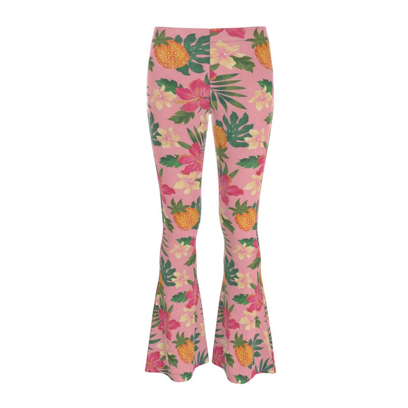 Women's High-Waisted Flared Leggings — Pineapple Paradise Hibiscus Blush