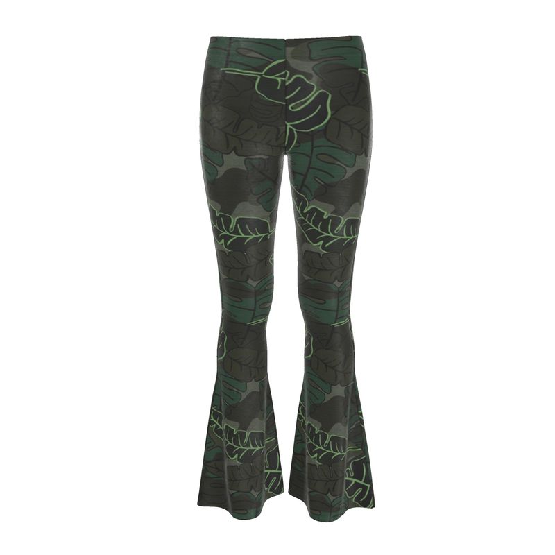 Women's High-Waisted Flared Leggings — Camo Leaves Sage Noir