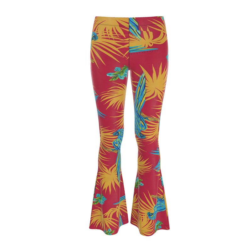 Women's High-Waisted Flared Leggings — Tropical Macaw Samba Red
