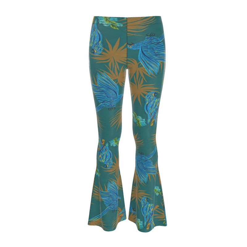 Women's High-Waisted Flared Leggings — Tropical Macaw Palm Teal