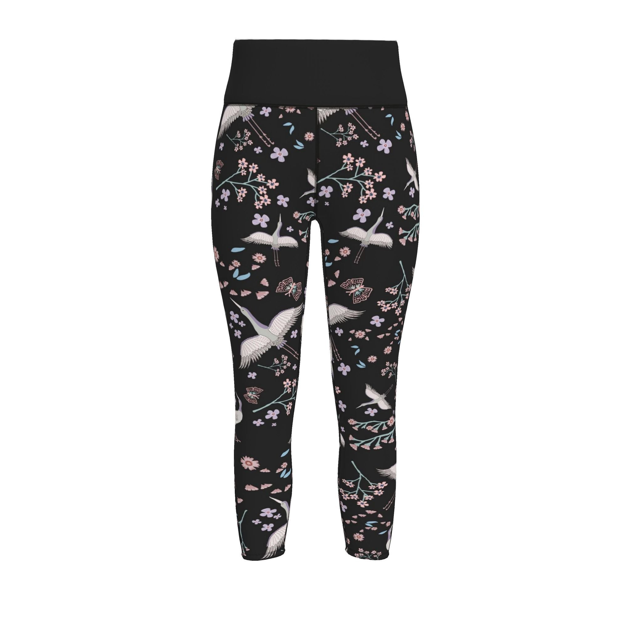Women’s High-Waist Full-Length Performance Leggings — White Crane — Onyx