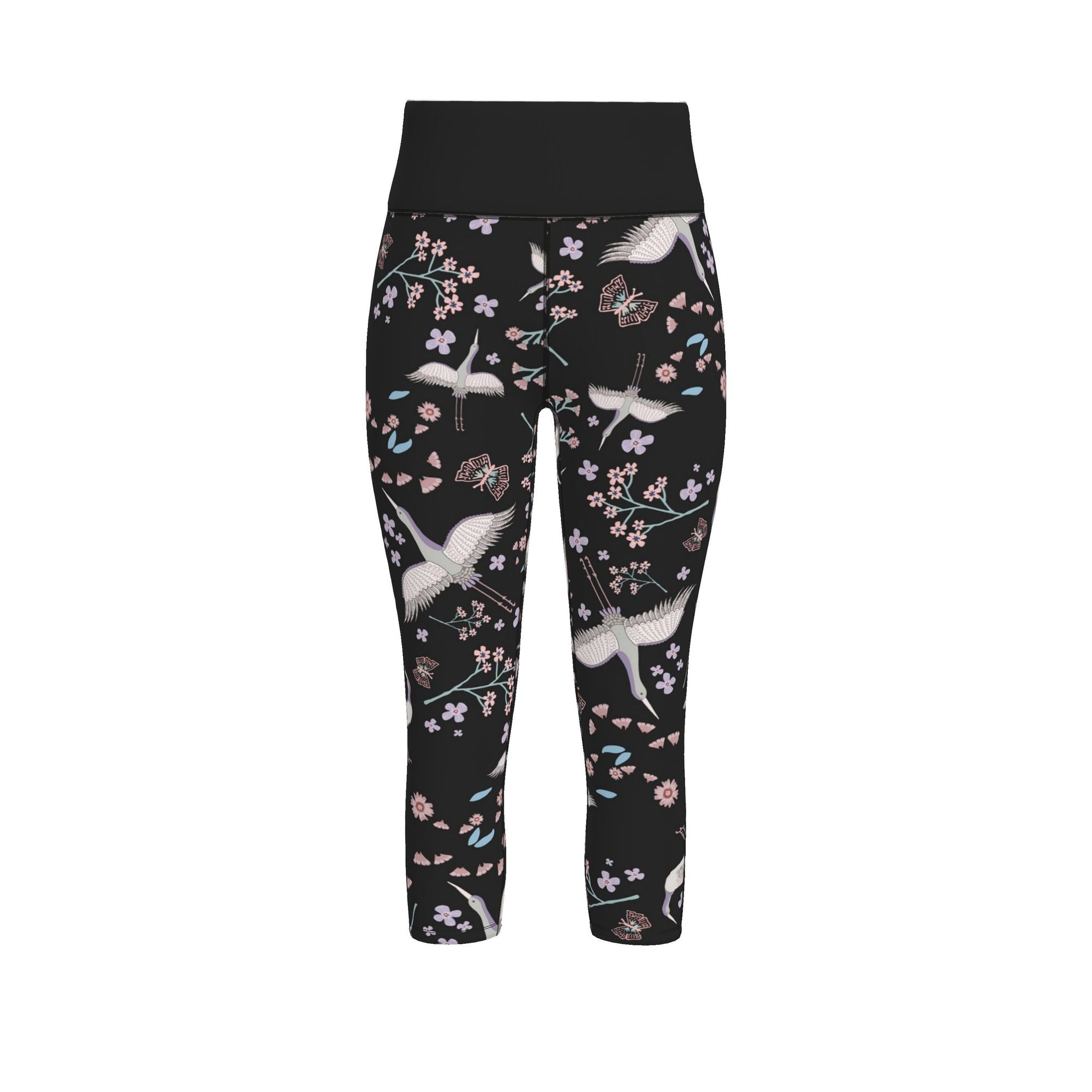 Women’s High-Waist Performance Leggings — Capri — White Crane — Onyx