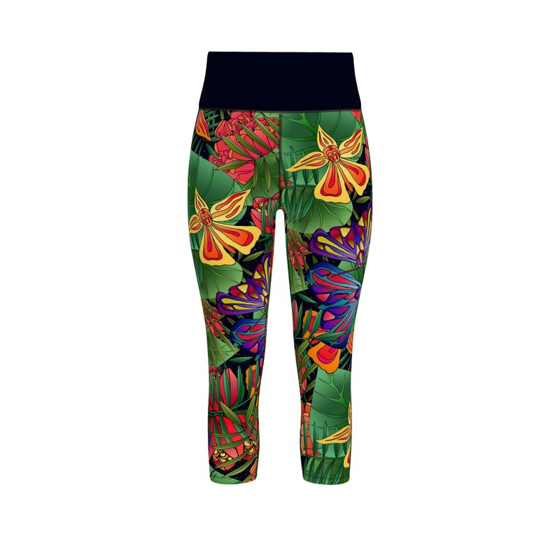 Women’s High-Waist Performance Leggings — Capri — Jungle Flower
