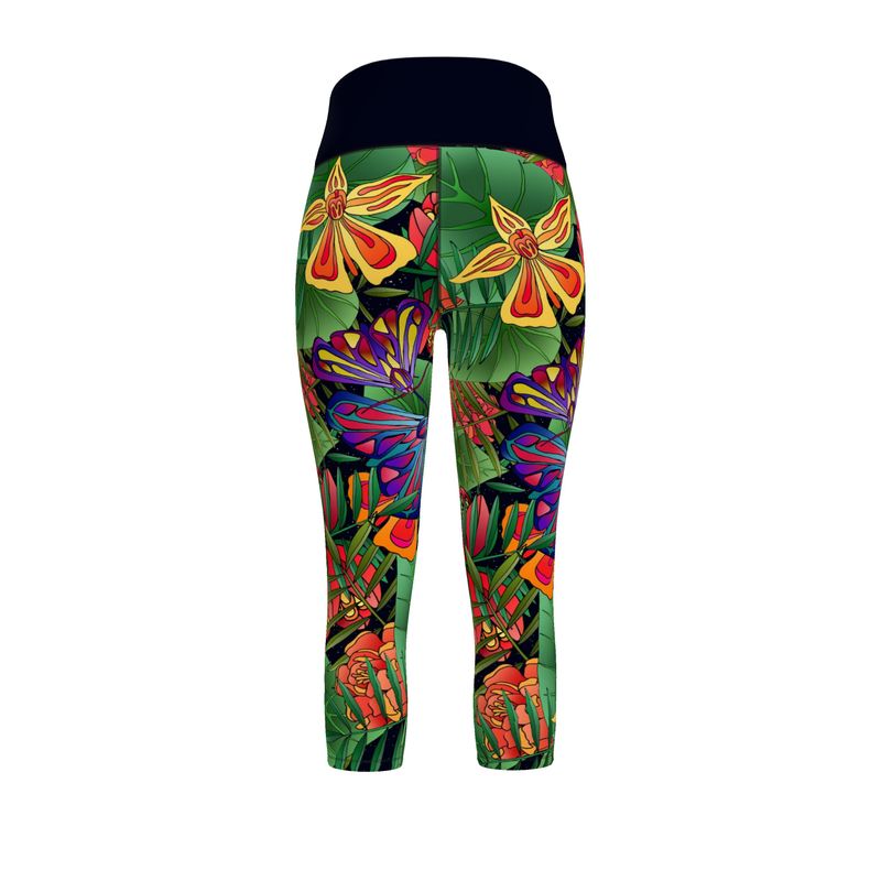 Women’s High-Waist Performance Leggings — Capri — Jungle Flower