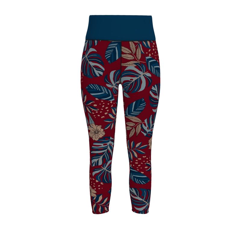 Women’s High-Waist Performance Full-Length Leggings — Midnight Monstera Ruby Red