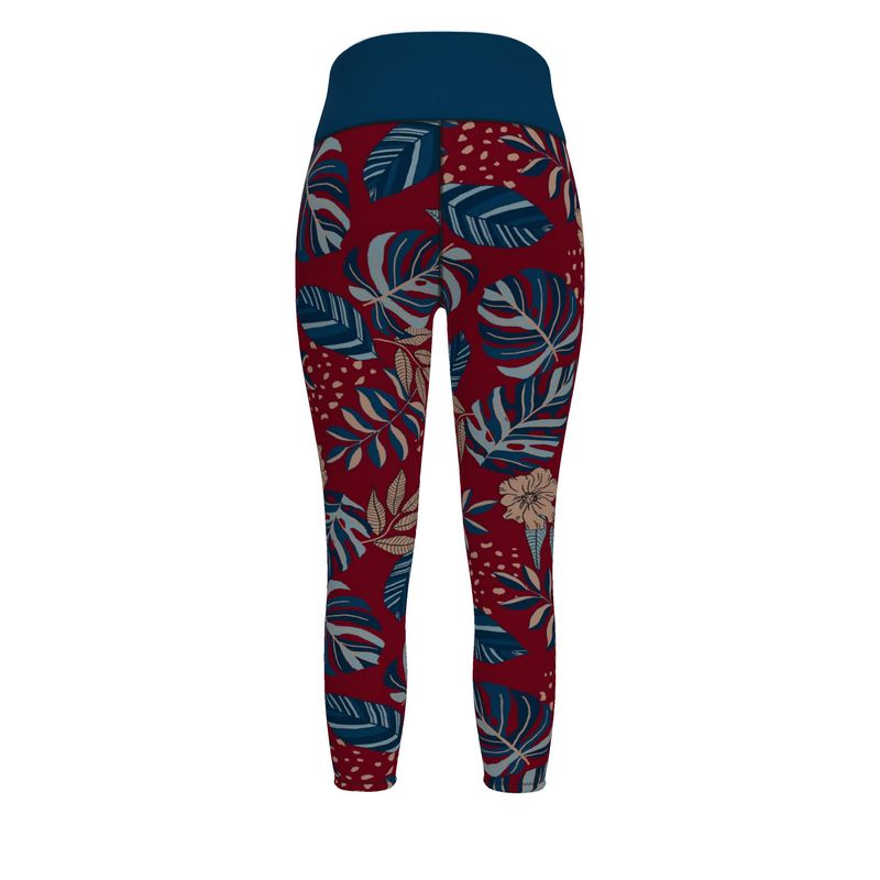 Women’s High-Waist Performance Full-Length Leggings — Midnight Monstera Ruby Red