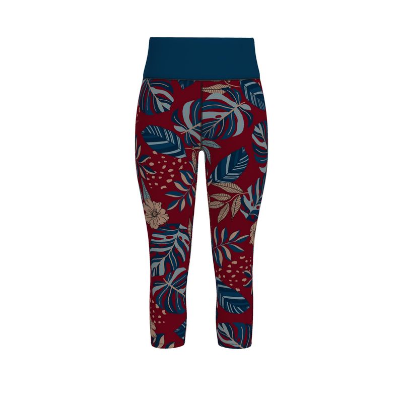 Women’s High-Waist Performance Capri Leggings — Midnight Monstera — Ruby Red