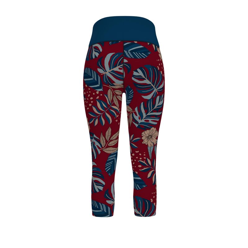 Women’s High-Waist Performance Capri Leggings — Midnight Monstera — Ruby Red