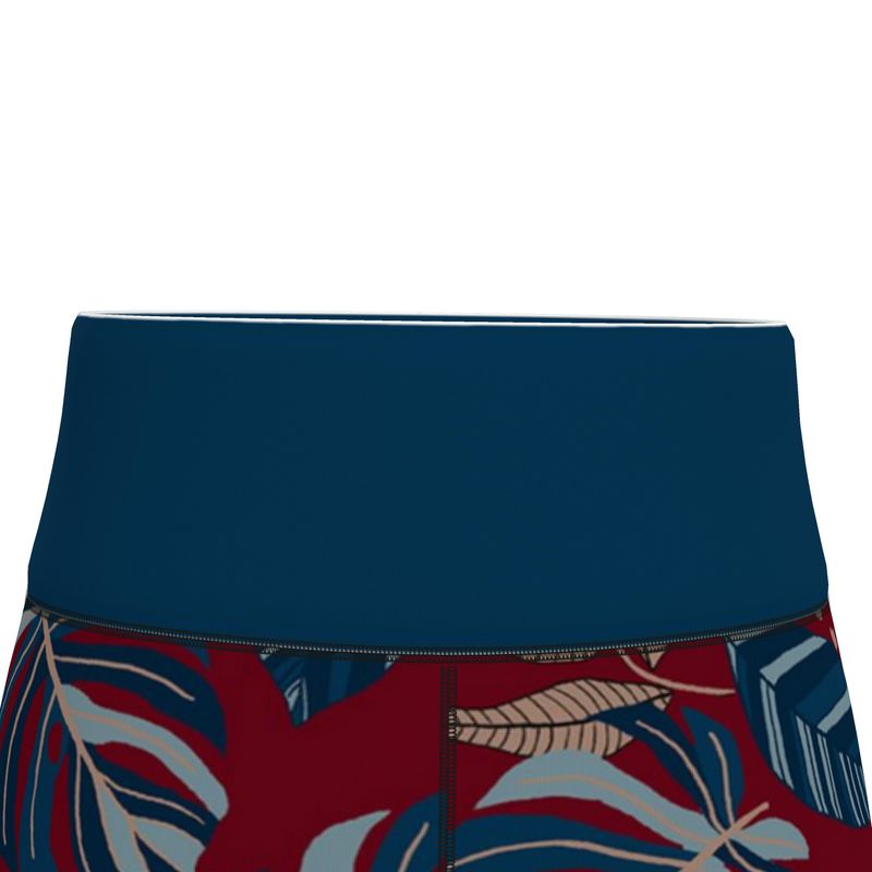 Women’s High-Waist Performance Capri Leggings — Midnight Monstera — Ruby Red