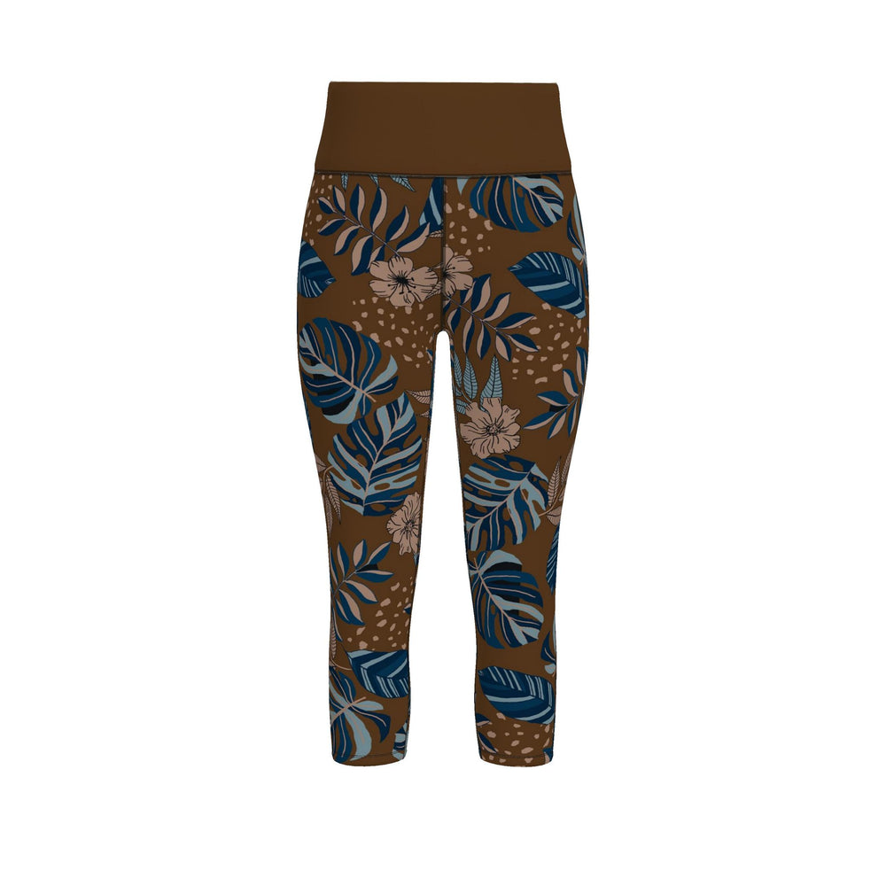 Women’s High-Waist Performance Leggings — Capri — Midnight Monstera — Roasted Teak