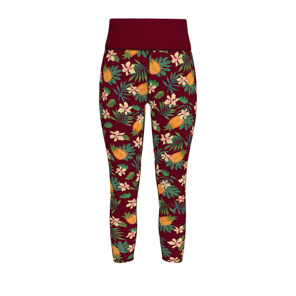 Women's High-Waist Full-Length Performance Leggings — Pineapple Paradise — Burgundy