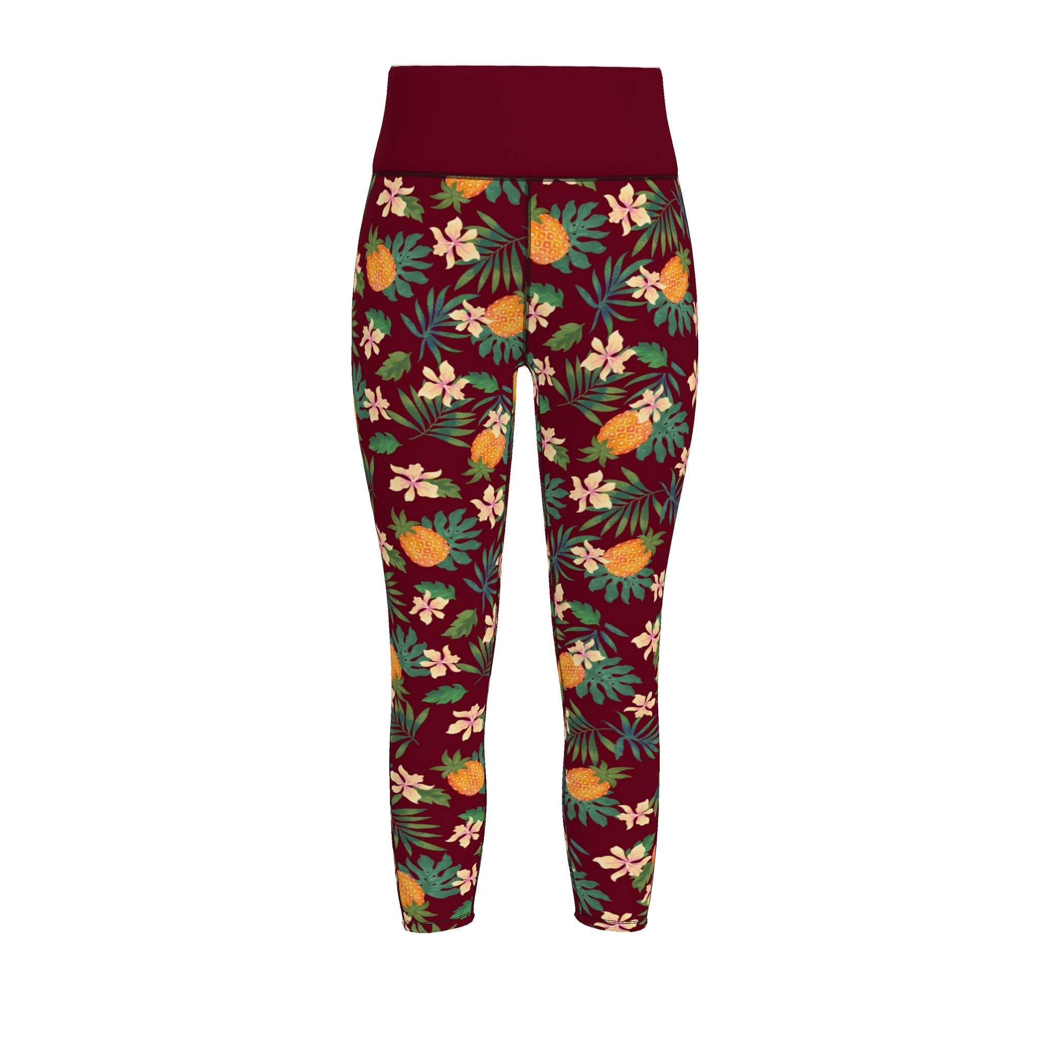 Women's High-Waist Full-Length Performance Leggings — Pineapple Paradise — Burgundy