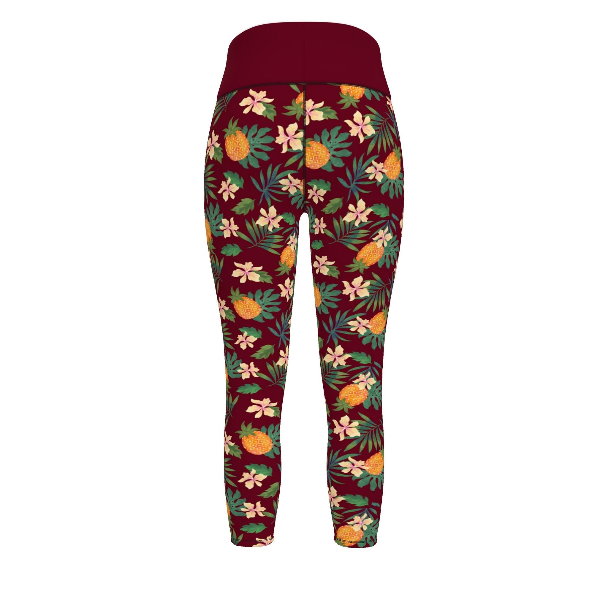 Women's High-Waist Full-Length Performance Leggings — Pineapple Paradise — Burgundy
