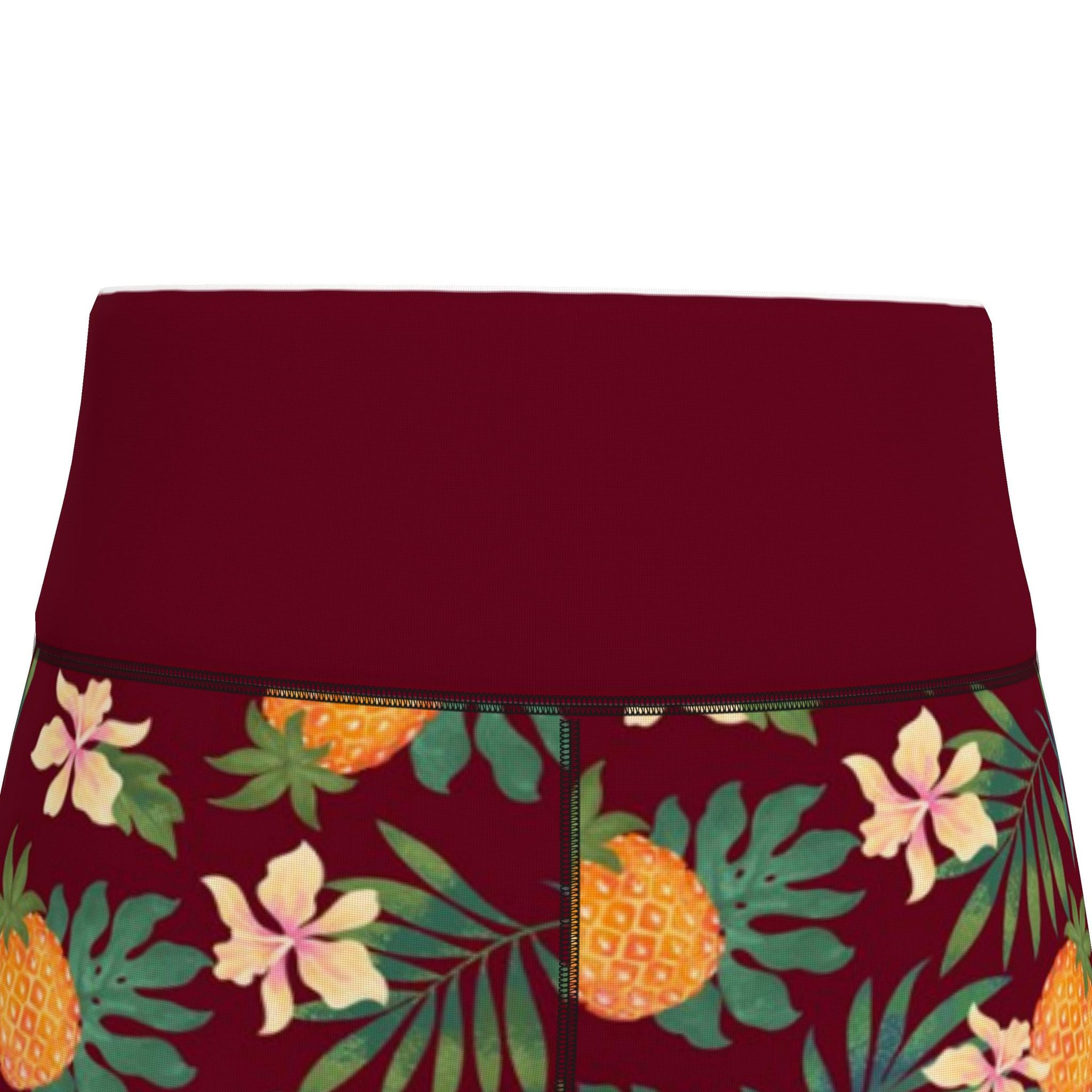 Women's High-Waist Full-Length Performance Leggings — Pineapple Paradise — Burgundy