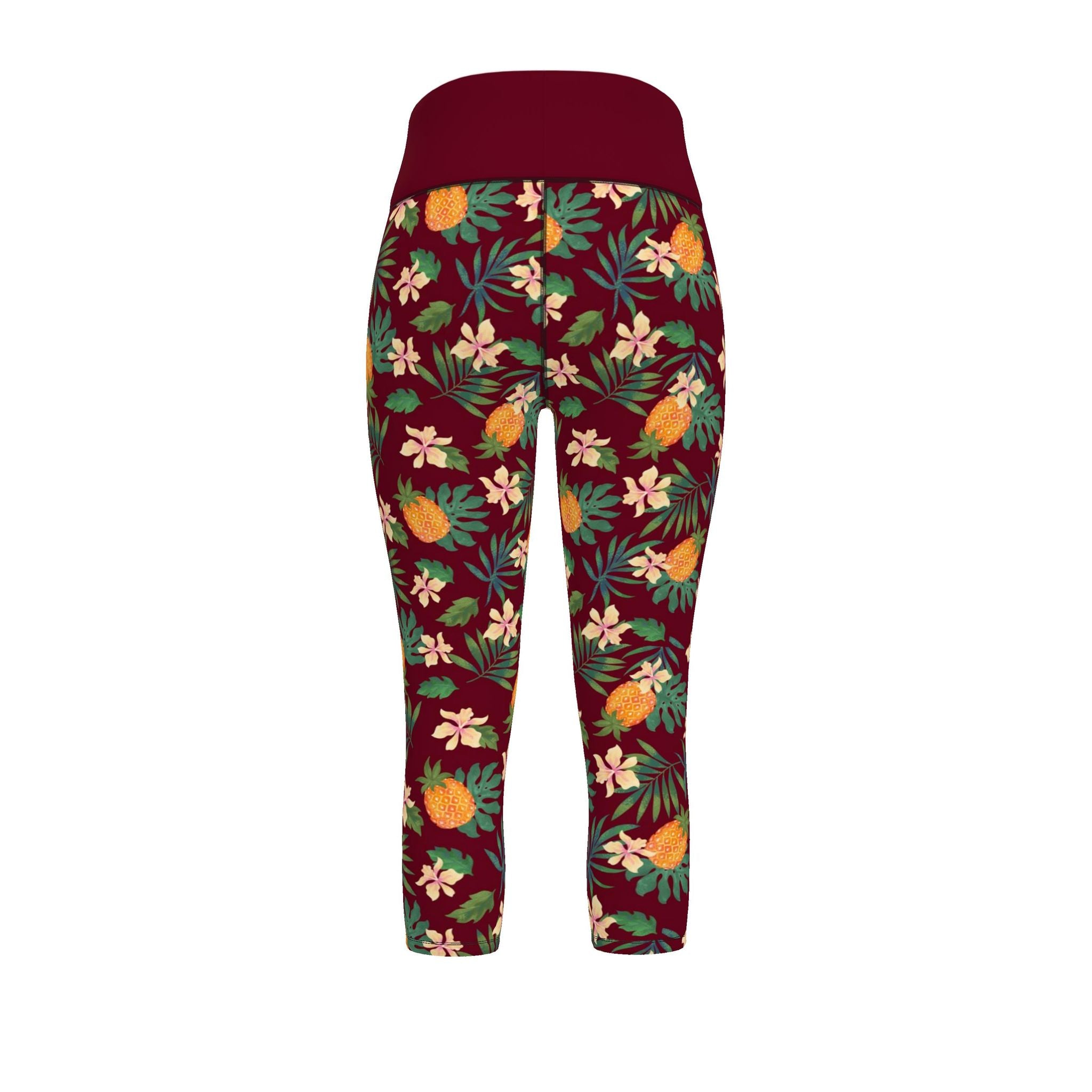 Women’s High-Waist Capri Performance Leggings — Pineapple Paradise — Burgundy
