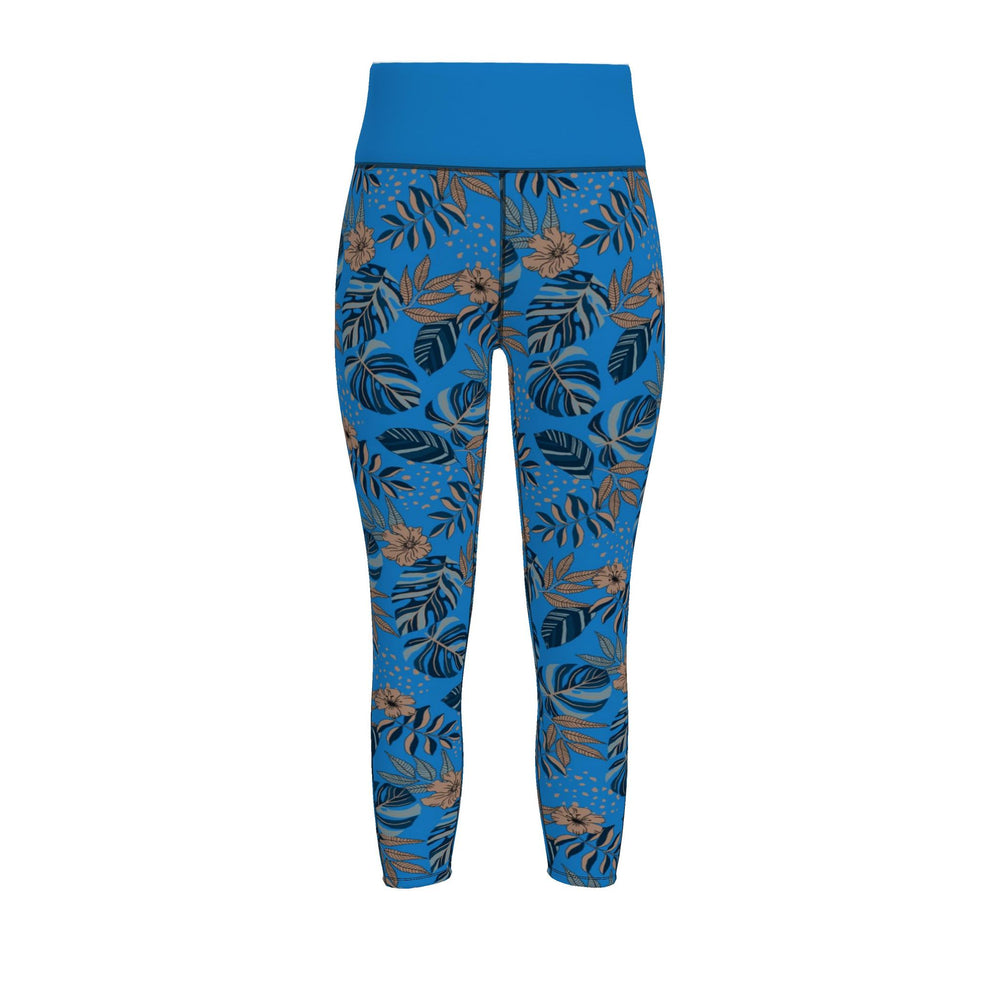 Women’s High-Waist Full-Length Performance Leggings — Midnight Monstera — Azure Blue