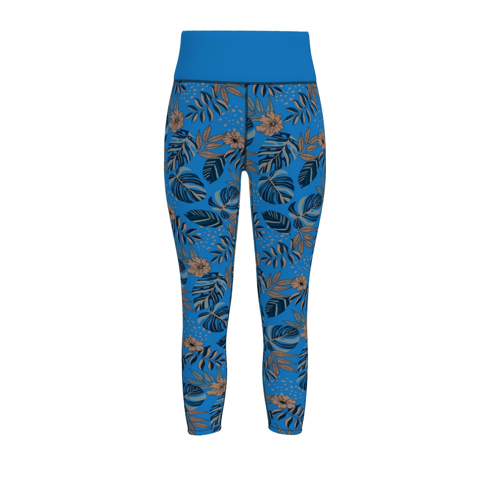Women’s High-Waist Full-Length Performance Leggings — Midnight Monstera — Azure Blue